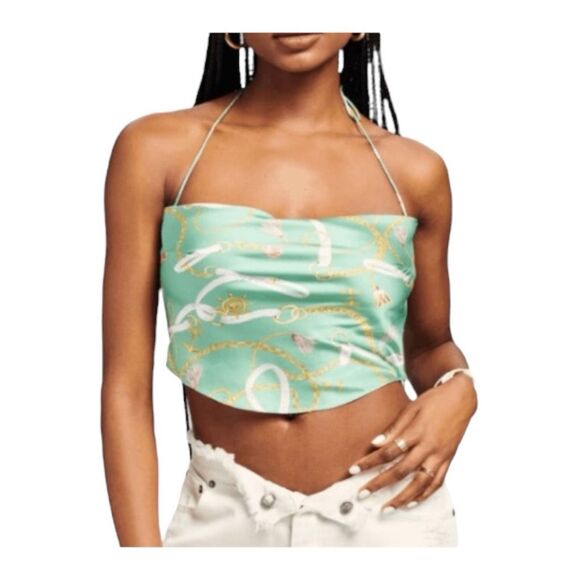 SER.O.YA Ellison Nautical Print Silk Crop Top Green Halter Cowl Neck Sleeveless - Picture 1 of 7